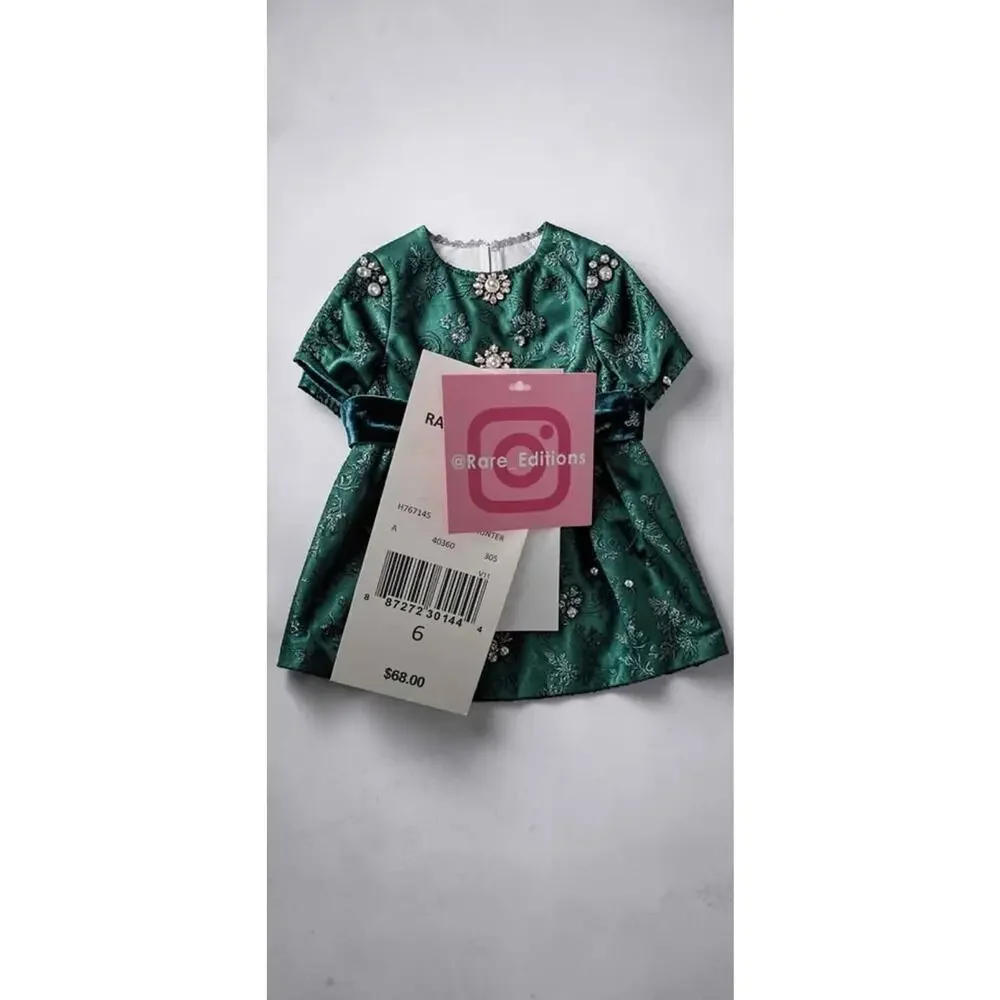 Rare Editions Green Floral Jacquard Puff Sleeve Bow Girls Dress 6 Knee